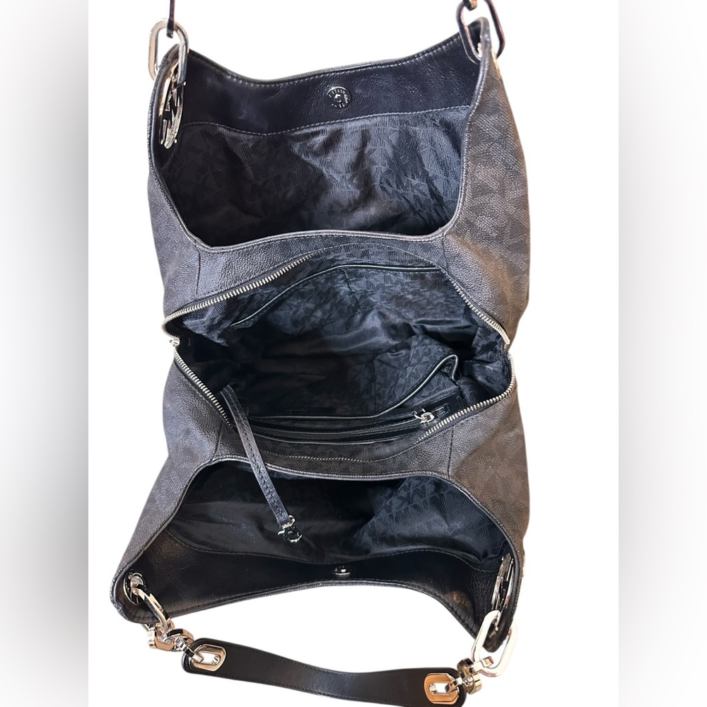 MICHAEL KORS FULTON BLACK LOGO SILVER CHAIN LARGE SHOULDER TOTE BAG - Picture 5 of 9